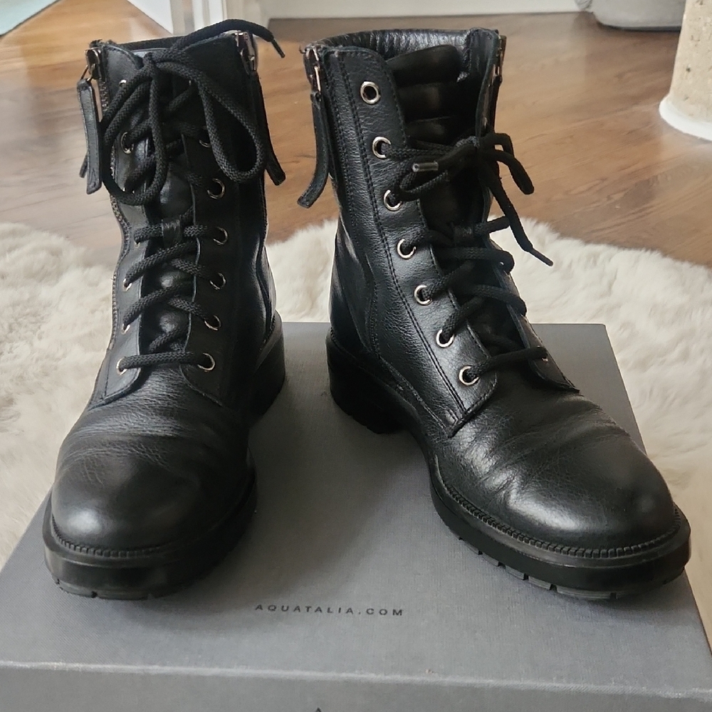Aquatalia Black Leather Combat Boots